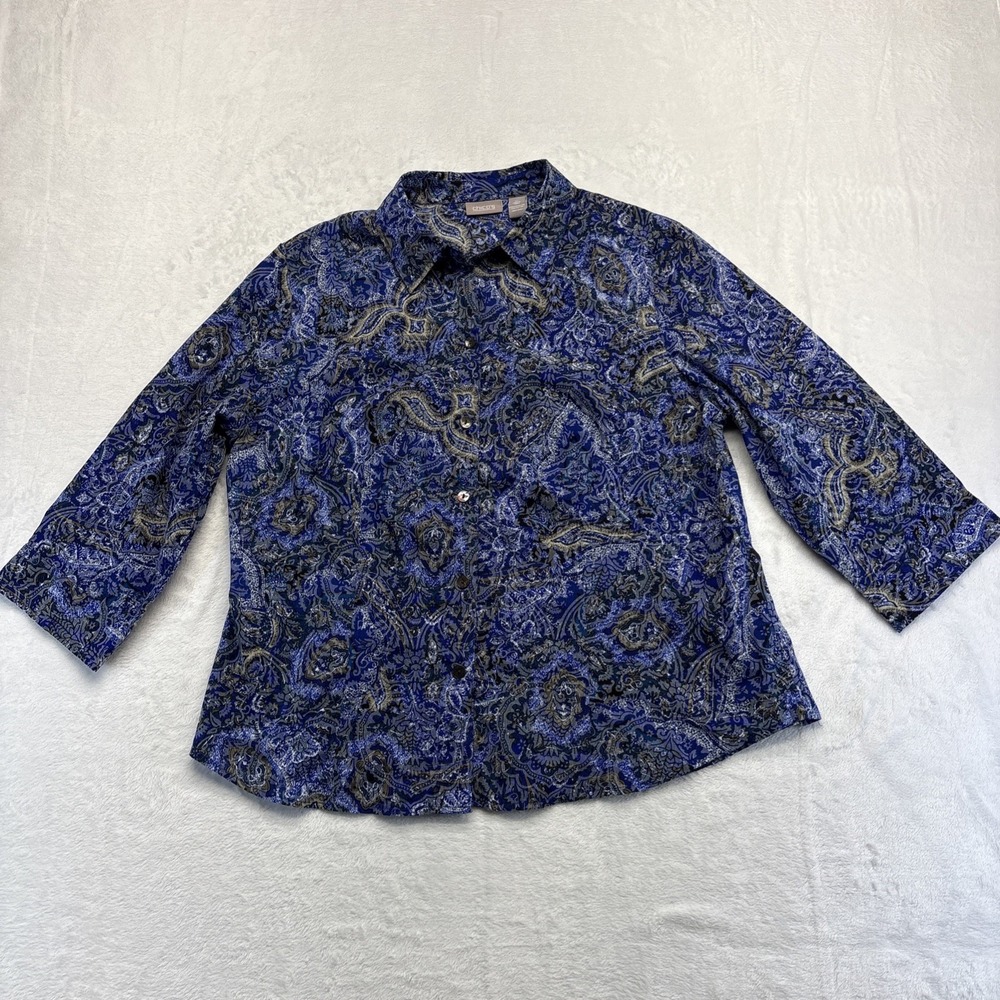 Chicos Shirt Womens Size 2 (8/10/12) Blue Paisley Button Up 3/4 Sleeves